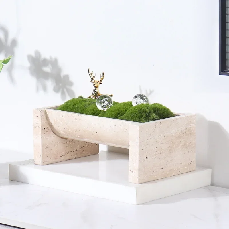 Home Soft Decoration Natural Marble Yellow Hole Stone Embedded Flower Pot Succulent Green Plant Simulation Flower Ornament