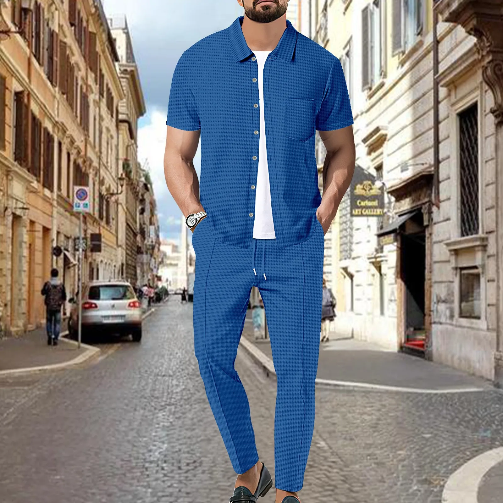 2024 new Europe and the United States cross-border men\'s fashion casual sports Waffle short-sleeved shirt pants suit