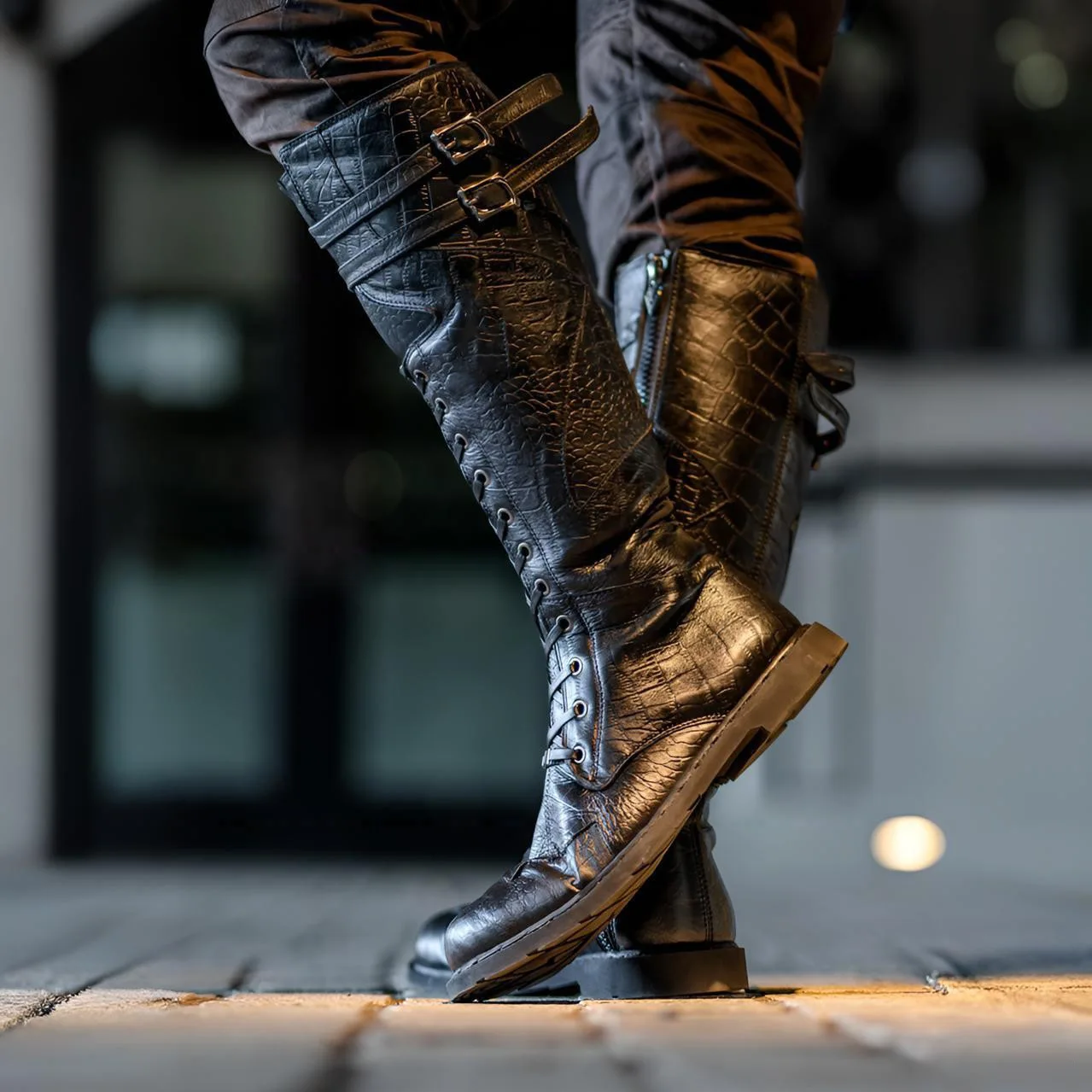 Medieval Pirate Knight Tall Knee High Boots Lace Up Buckle Side Zipper Shoes Pu Leather Motorcycle Riding Cosplay Costume Boot