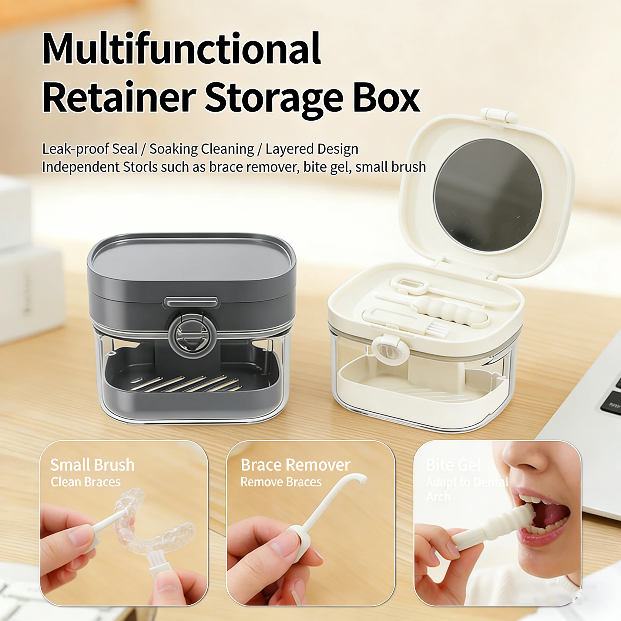 

Portable Retainer Storage Box Teeth Denture Cleaning with Brush Container False Teeth Storage Box Silicone Orthodontic Retainer