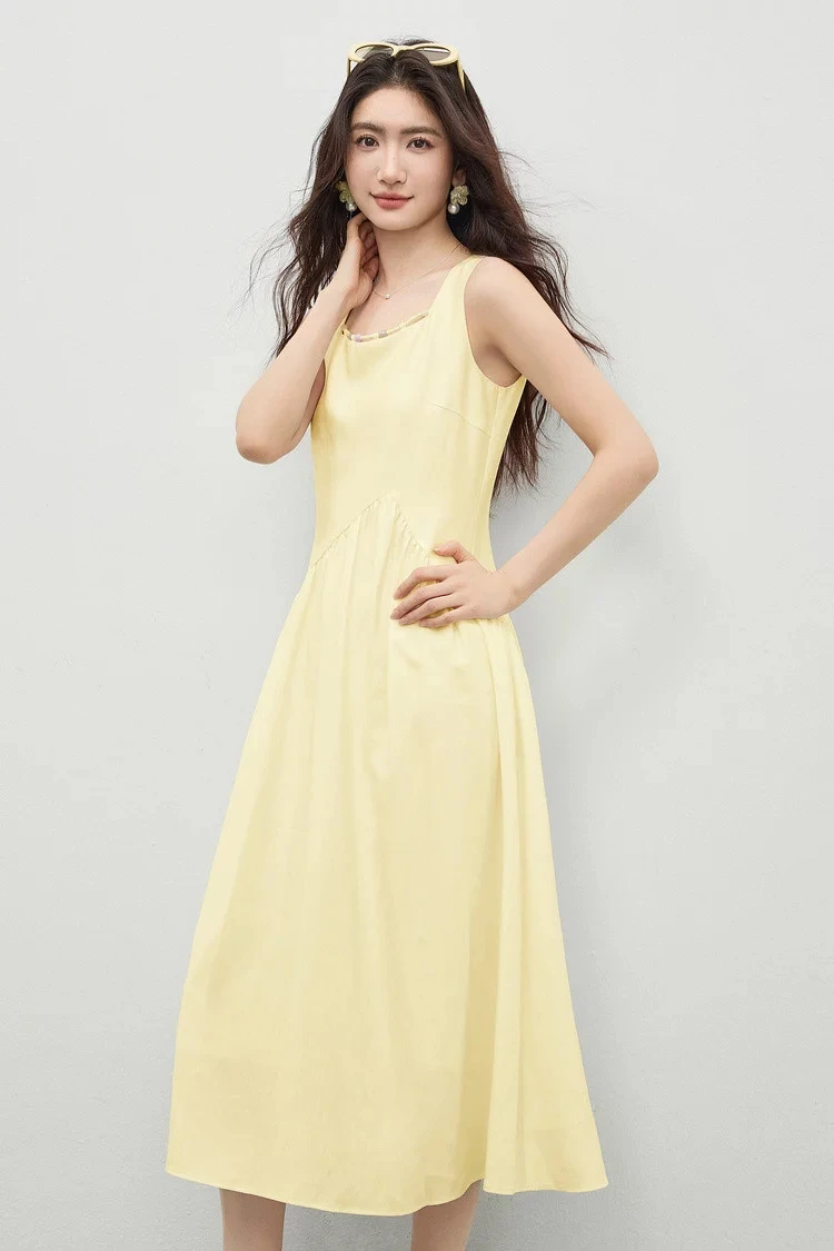 SENTUBILA Damen Ärmelloses Midikleid 2026 Sommer Elegantes Minimalistisches Ausgeschnittenes Perlenbesetztes Kleid mit Quadratischem Ausschnitt und Plissee-A-Linie 162LP6225 – Detail 15