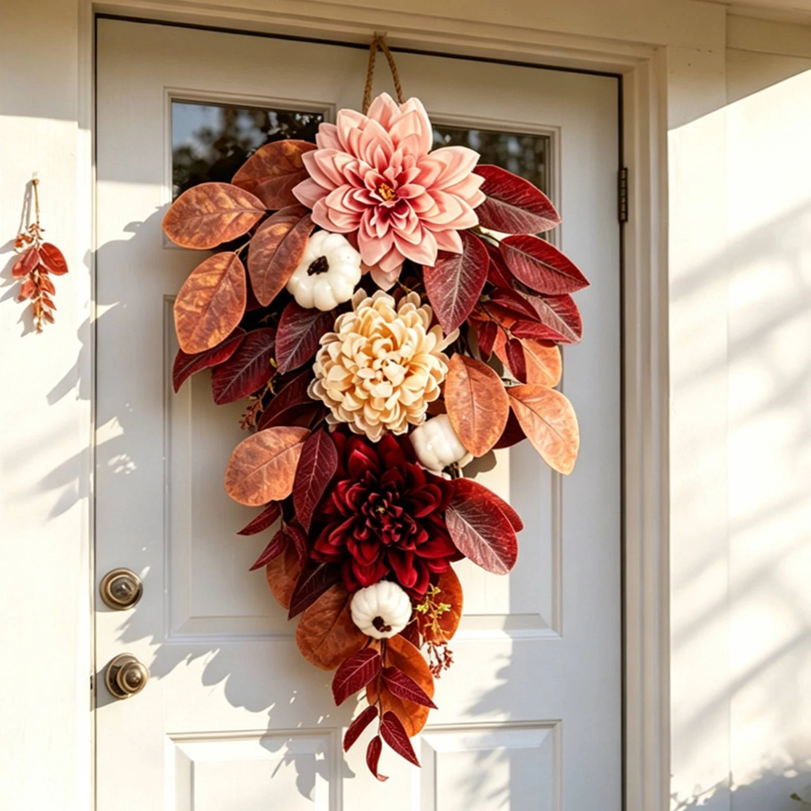 Fall Harvest Door Swag Festive Teardrop Wreath with Pumpkins Fall Teardrop Swag Farmhouse Layered for Entryway, Thanksgiving