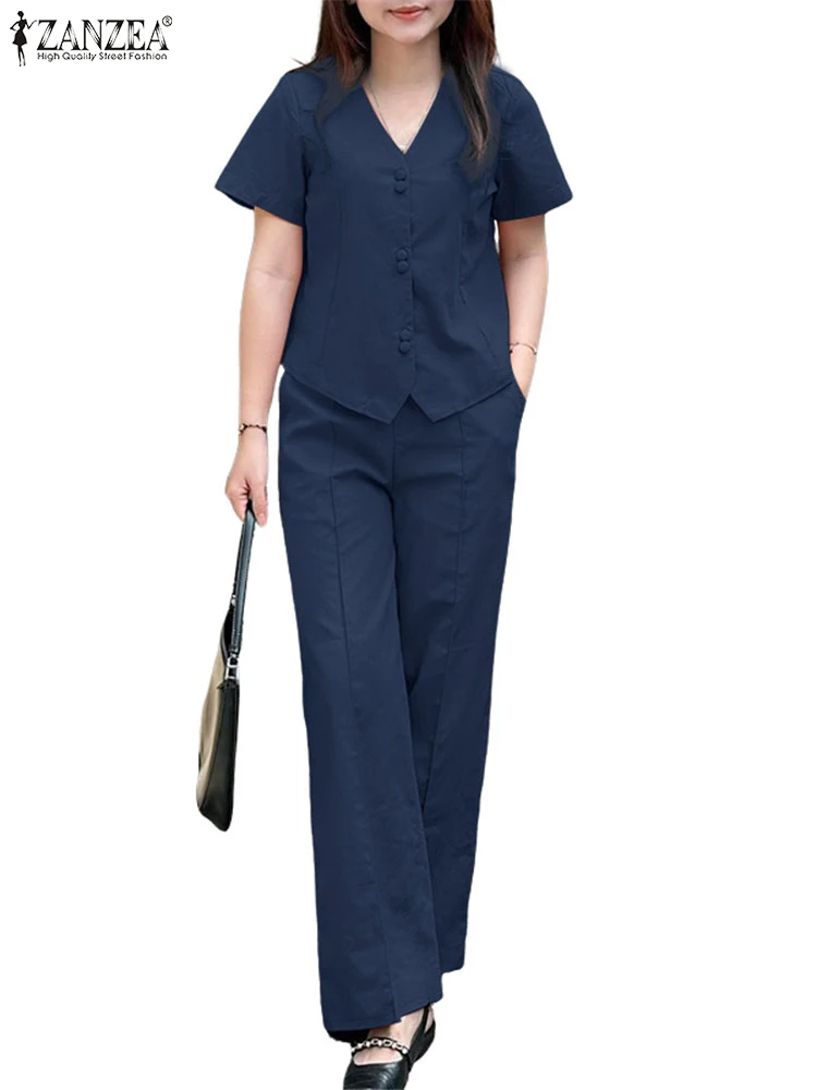 

ZANZEA Fashion Wide Leg Pants 2 Piece Sets V-Neck Short Sleeve Shirts Office Lady Elegant Woman Pant Sets Commuting 2pcs Suits