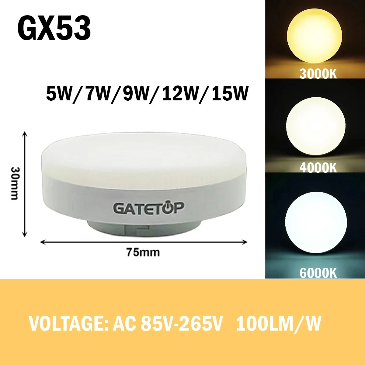 1PC LED cabinet spotlight GX53 AC85-265V 5W-15W high lumen no flicker warm/day/cold white light for kitchen, office lighting