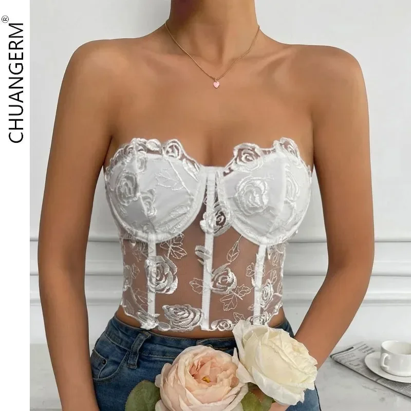 CHUANGERM Sexy Corset Pure White Embroidery Floral Sleeveless Inner Tank Top Hollow Out Mesh See Through Backless Fishbone Vest