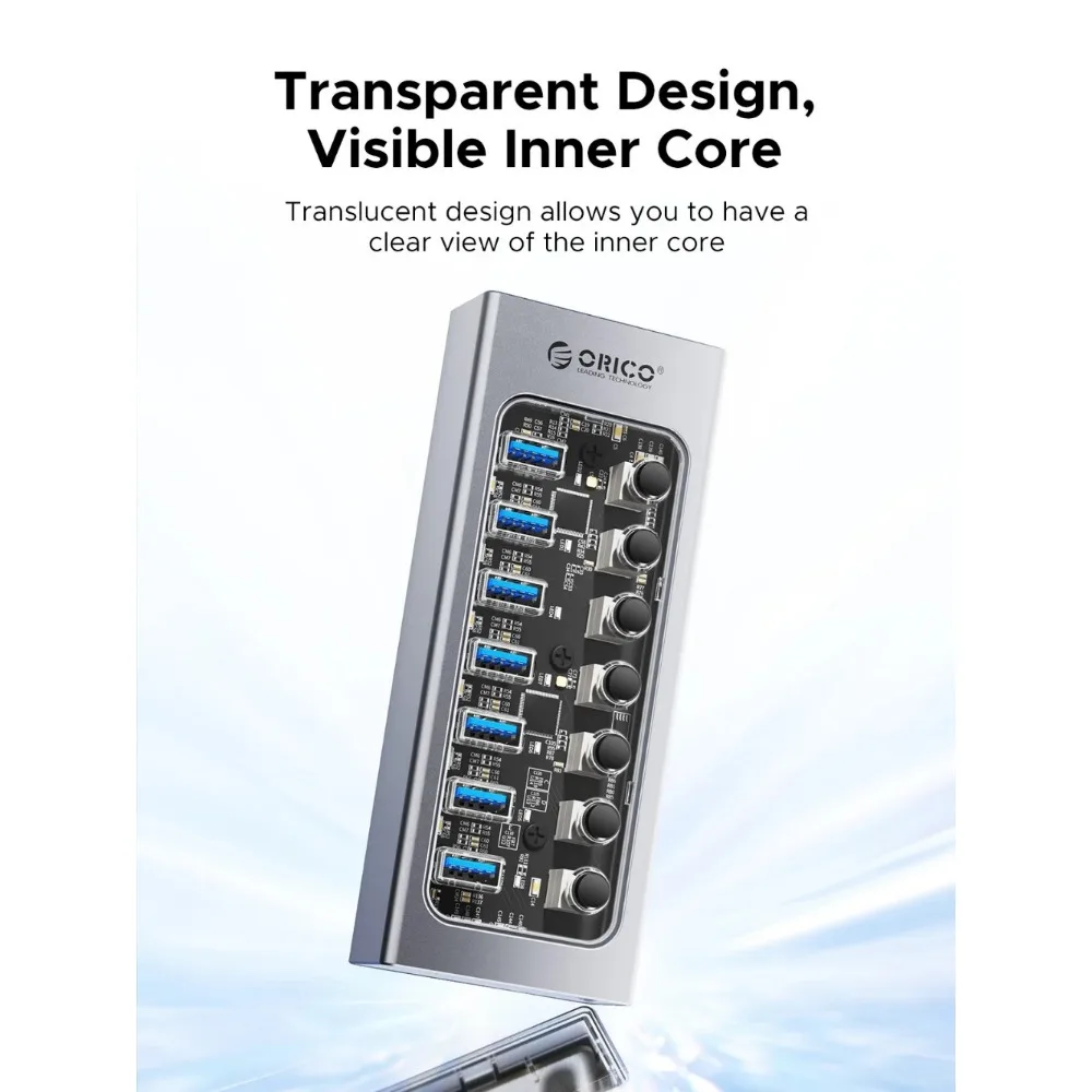 Imagem -05 - Orico-alumínio Industrial Hub Splitter Split Switch Adaptador de Alimentação Macbook Pro Acessórios de Computador Usb 3.0 12v 7-port