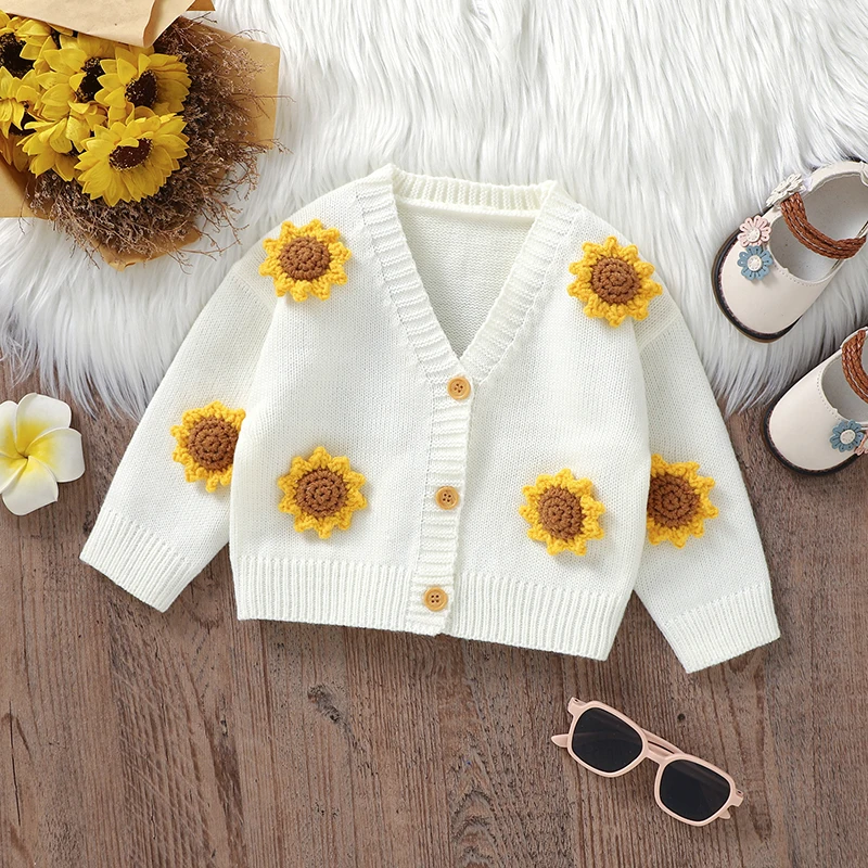 Maglioni per bambini moda carino girasole lavorato a maglia per bambini vestiti per bambini manica lunga Cardigan per neonata autunno top capispalla