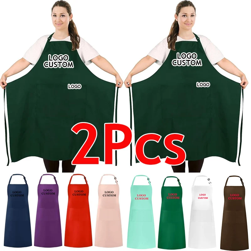 Durable Cotton Apron 2Pcs Custom Logo Restaurant Chef Apron Home Cooking Apron Hair Salon Baber Apron Long Adjustable Aprons