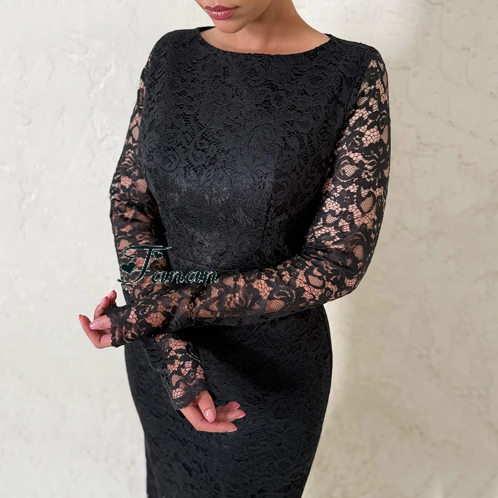 Customized Champagne Simple Lace Evening Dress O-neck With Full Sleeves Slit Party Dress Mermaid Tea-Length Prom Gown