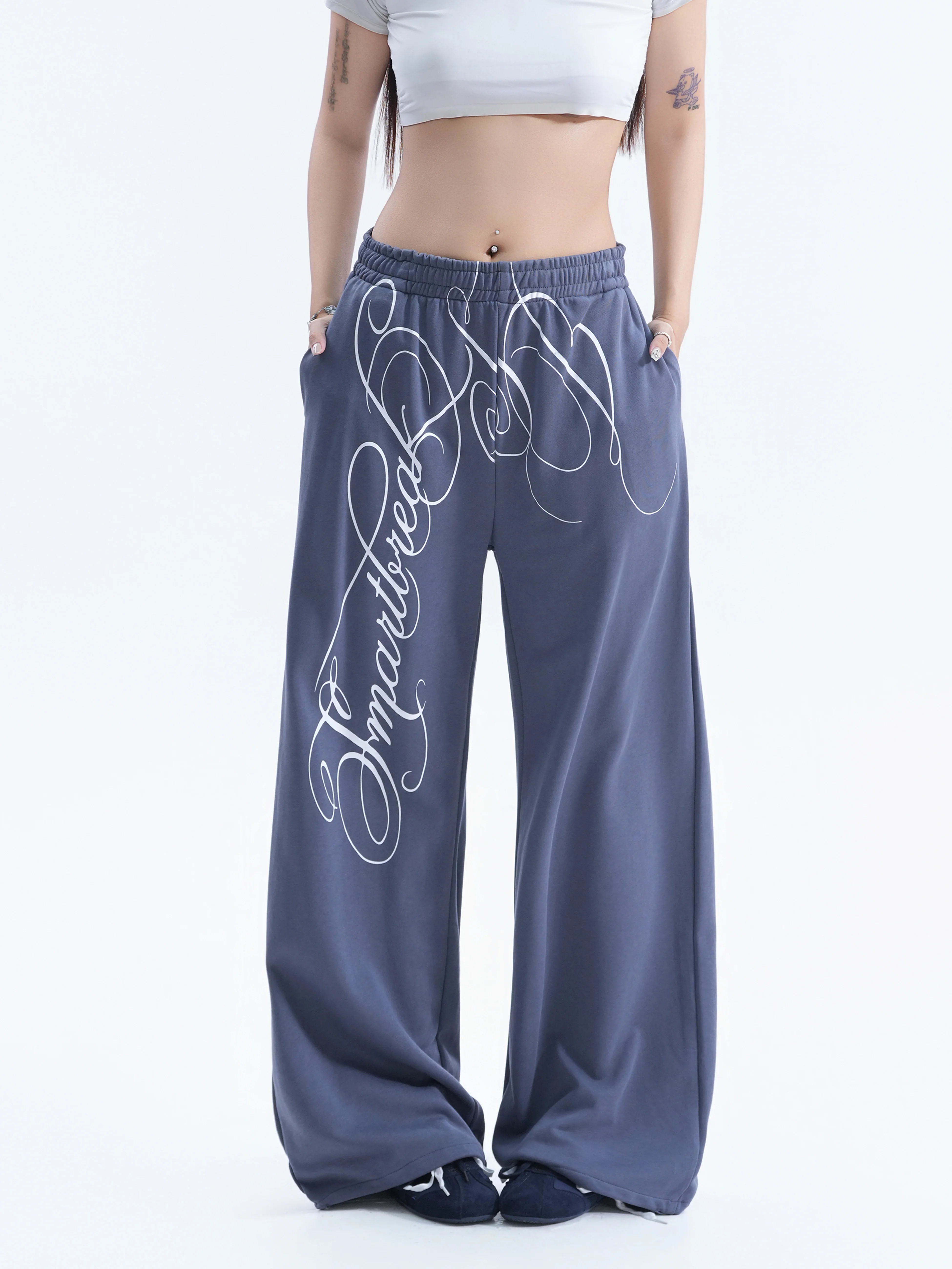 Casual Wide Leg Pants Women's Street Style Letter Print Straight Drapey Trousers Loose Fit Sweatpants Comfortable Cotton Blend