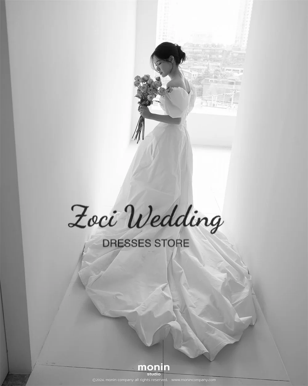 Zoci V Neck Off Shoulder Korea A Line Wedding Dresses Short Puff Sleeve Customized Photos Shoot Backless Sweep Train Bridal Gown