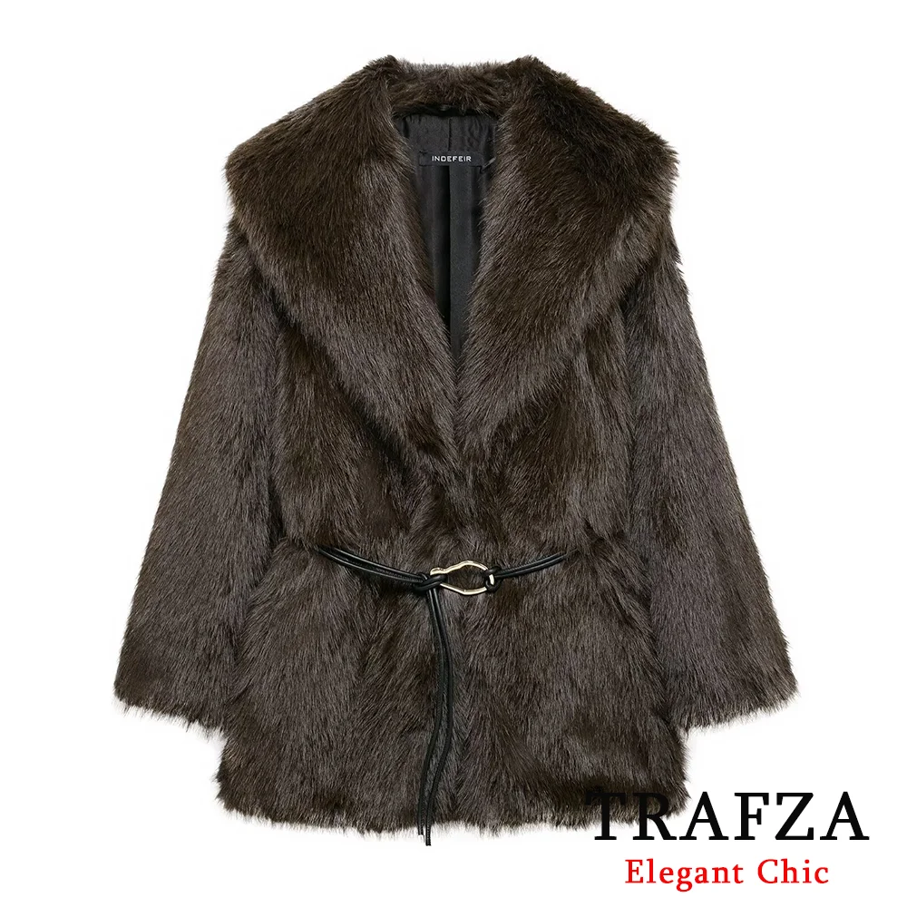 TRAFZA Women Vintage Black Faux fur Belted Coat Lapel Shaggy Coat New 2024 Fall Winter High Street Glamorous Jacket Coat