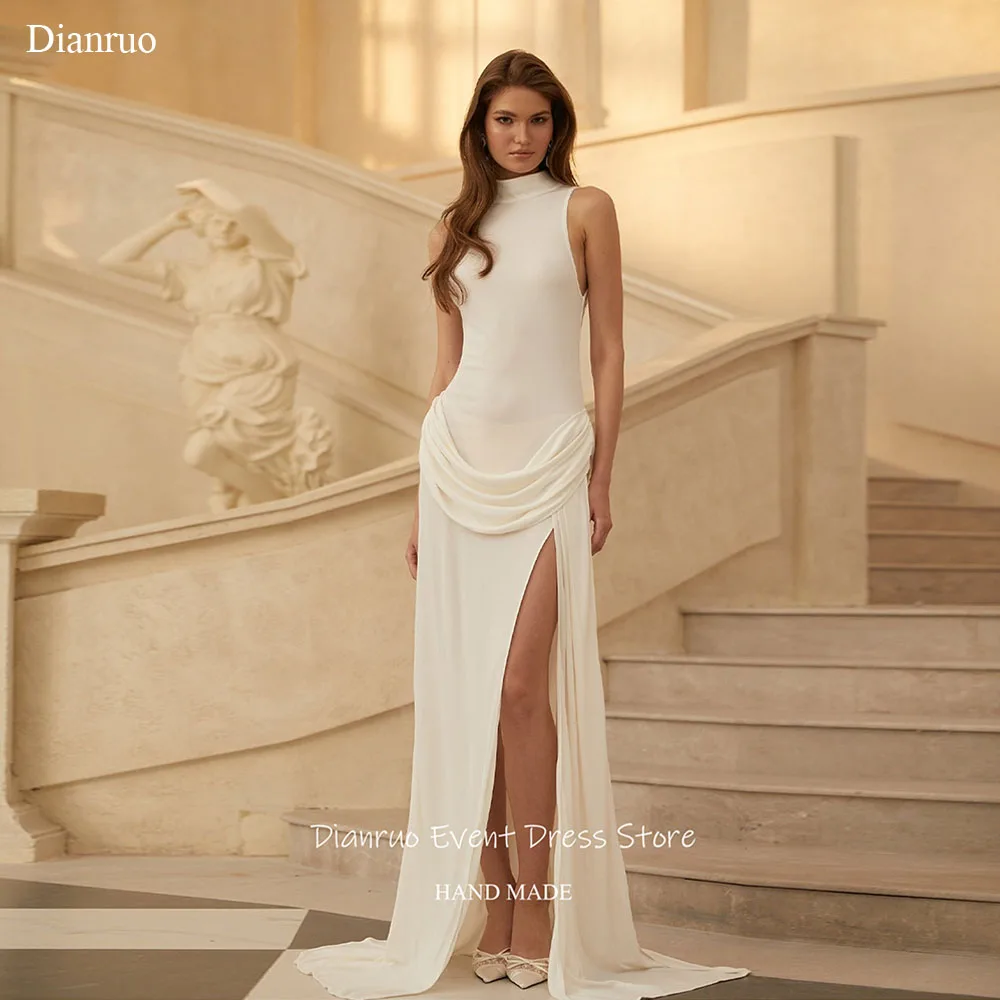 

Dianruo High Neck High Slit Evening Dress Ruched Sleeveless Vestidos De Gala Chiffon Vestidos De Boda Para Fiestas Customized