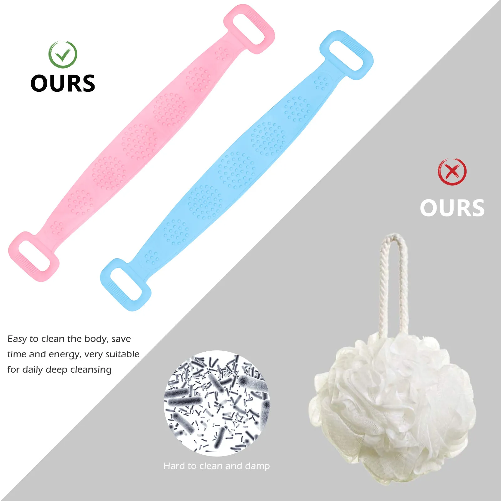 2Pcs Silicone Bath Strap Towel Long Flexible Exfoliator for Back Deep Cleaning Shoulder Neck Massage Smooth Saving