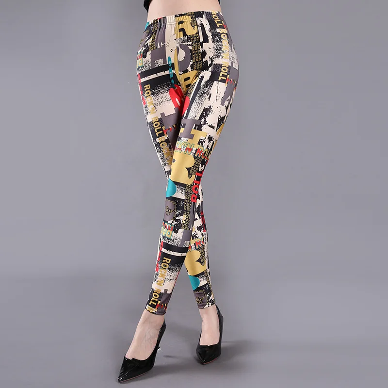 Women Fashion Printed Leggings High Stretch Slim Skinny Pants Streetwear Graffiti Star Striped Pattern Outerwear Trousers - view 6