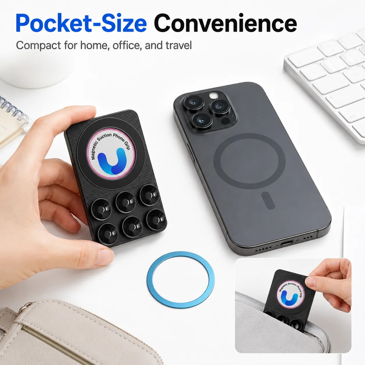 Magnetic Suction Phone Mount, Double-Sided Silicone Suction Cup Phone Holder, Portable Pocket Phone Grip Stand with Metal Magnet