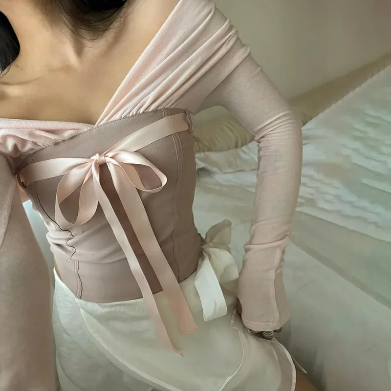 Women's V Neck Bandage Tube Top Light Pink Slim Long Sleeve Crop Tops Y2k Sweet Girl T Shirts Fashion Spring Autumn Tees YWFD021