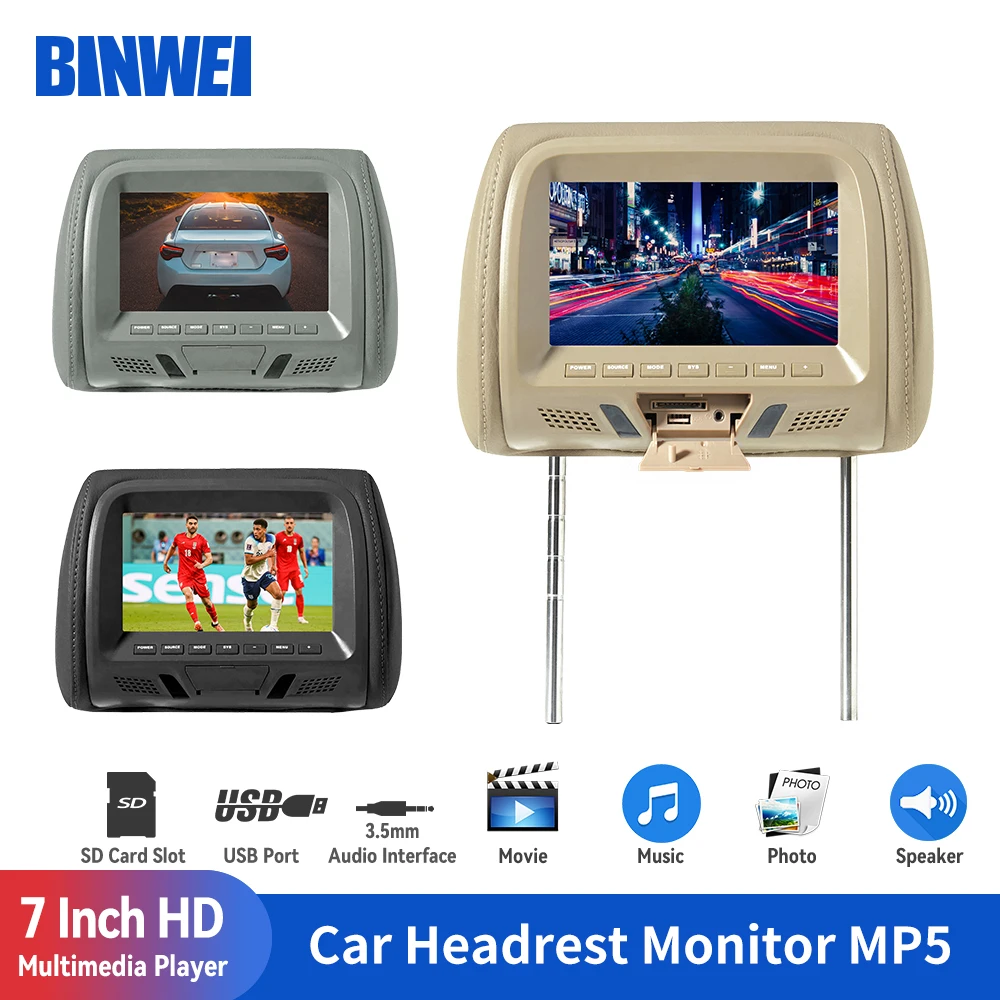 BINWEI 7 Inch Car Multimedia Player Headrest Monitor MP5 FM USB SD Speaker Automotive Headrest Screen Pillow Monitor Universal