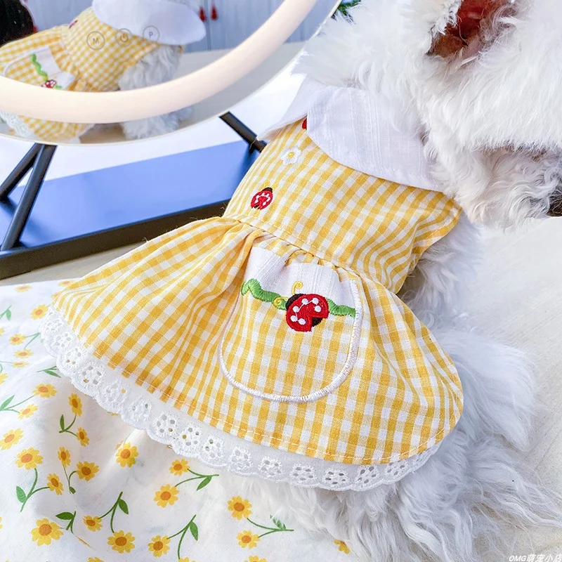 1PC Pet Clothes Spring/Summer Thin Yellow Checkered Ladybug Skirt Suitable for Small and Medium sized Dogs