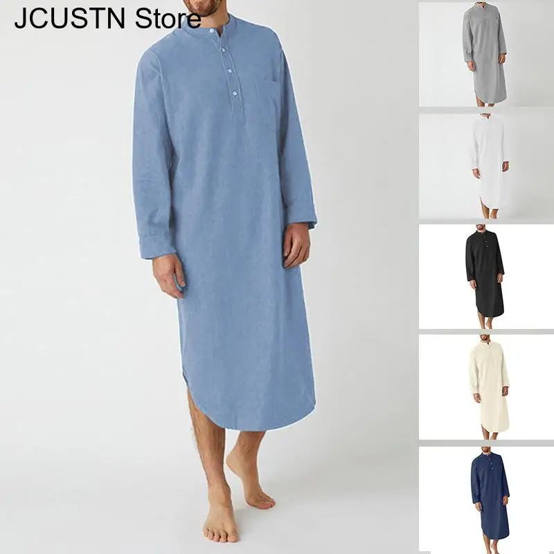 Arab Men's Robe National Style Garment Indian Long Shirt Spring Blouse Abaya Cotton Nightgown Knee-Length Arabic Tunic Shirts