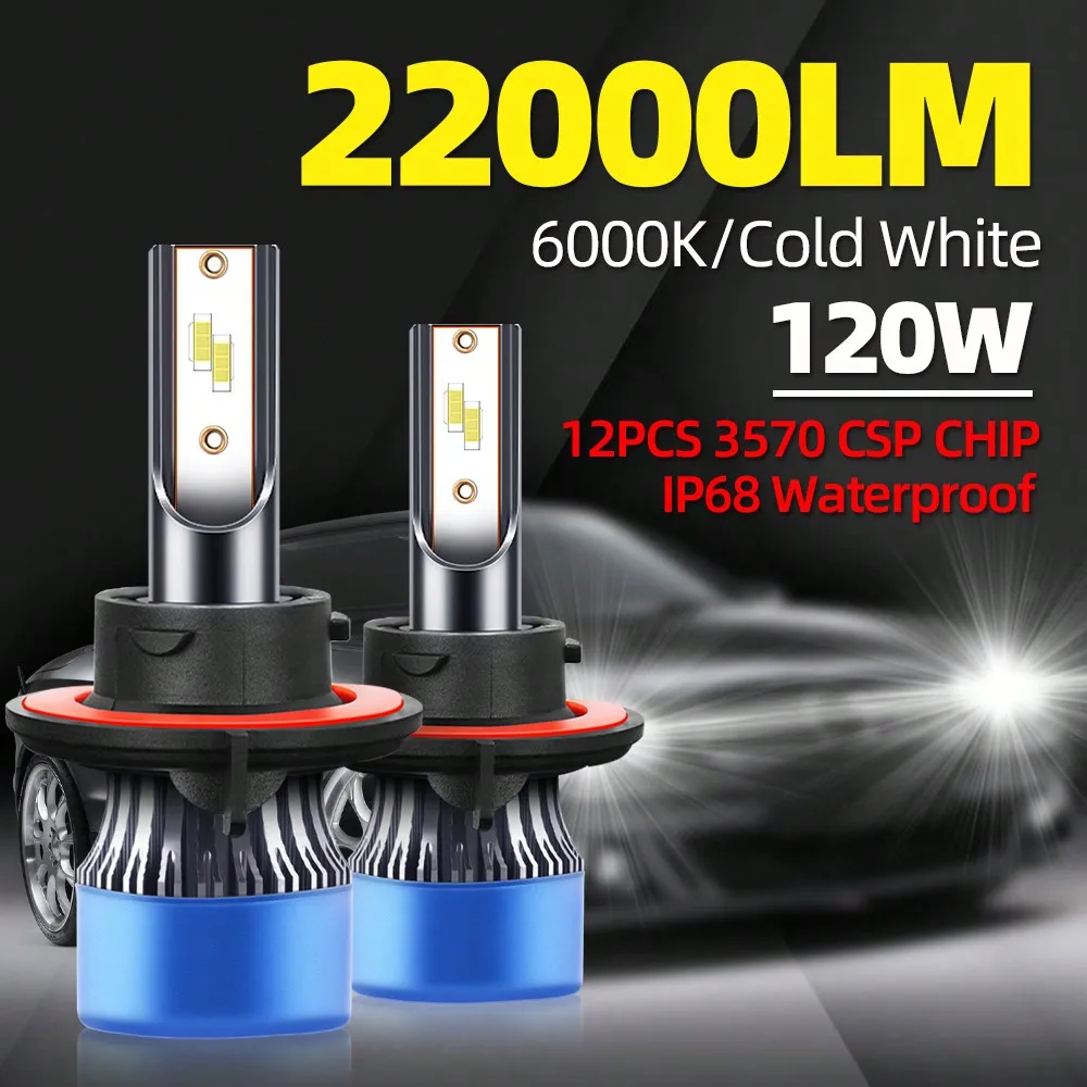 

2 шт. H13 9007 светодиодные лампы для фар 22000LM 6000K 120W 400% ярче, чем галогенные турбовентиляторы дальнего/ближнего света 50000 + часы срока службы