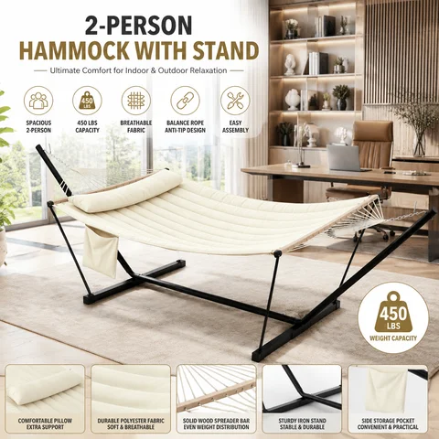 2-Person Hammock with Stand for Outside, 450lbs Double Hammock with Balance Rope and Pillow, Polyester Hammock Set for Backyard Poolside Camping Beach, Off White