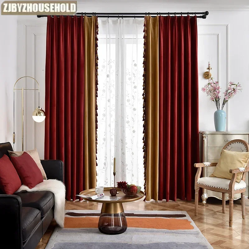 Custom Vintage Velvet Wine Red Curtains for Living Dining Room Bedroom Blackout Splicing American Wedding Room Floor Floating