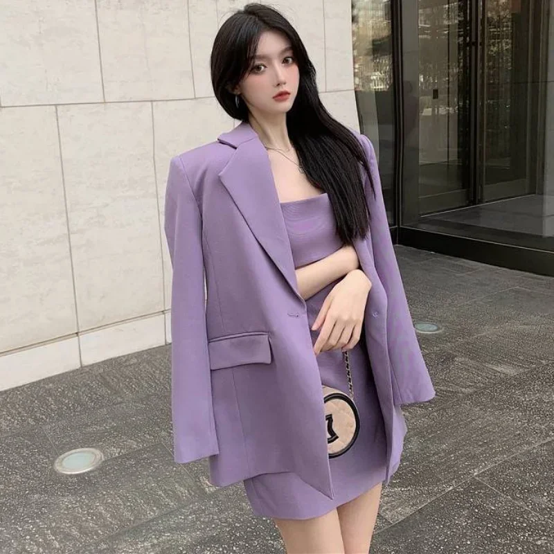 

2024 Mini Two Piece Set for Women Suit with Skirt and Blazer Outfit Womens Short 2 Sets Purple Long Sleeve Summer Festival Korea