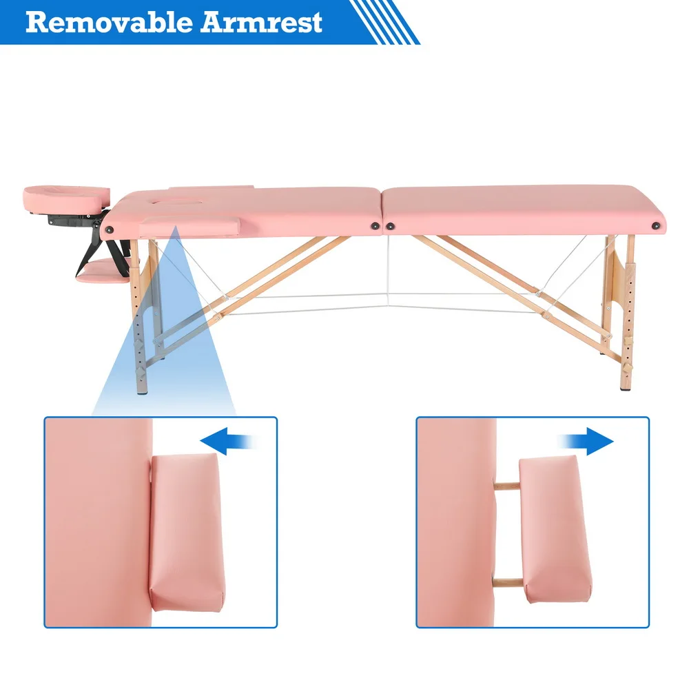 Mesa de masaje de belleza, cama de 2 secciones, pierna de haya plegable, 186x60x60CM, altura ajustable, versátil, portátil, rosa/blanco [US-Stock]