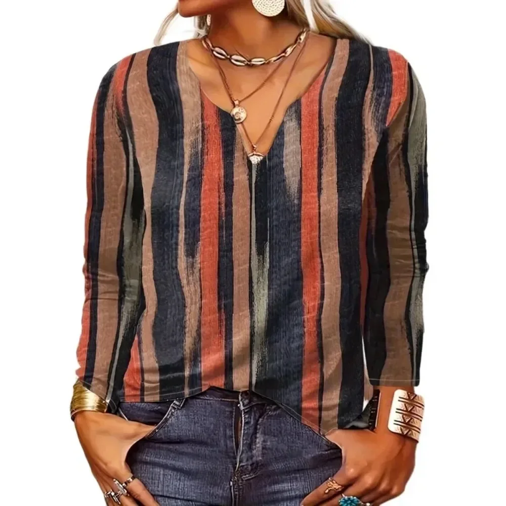 

Женская повседневная удобная футболка с длинными рукавами размера плюс 1XL-7XL, женская модная дышащая футболка в полоску с v-образным вырезом