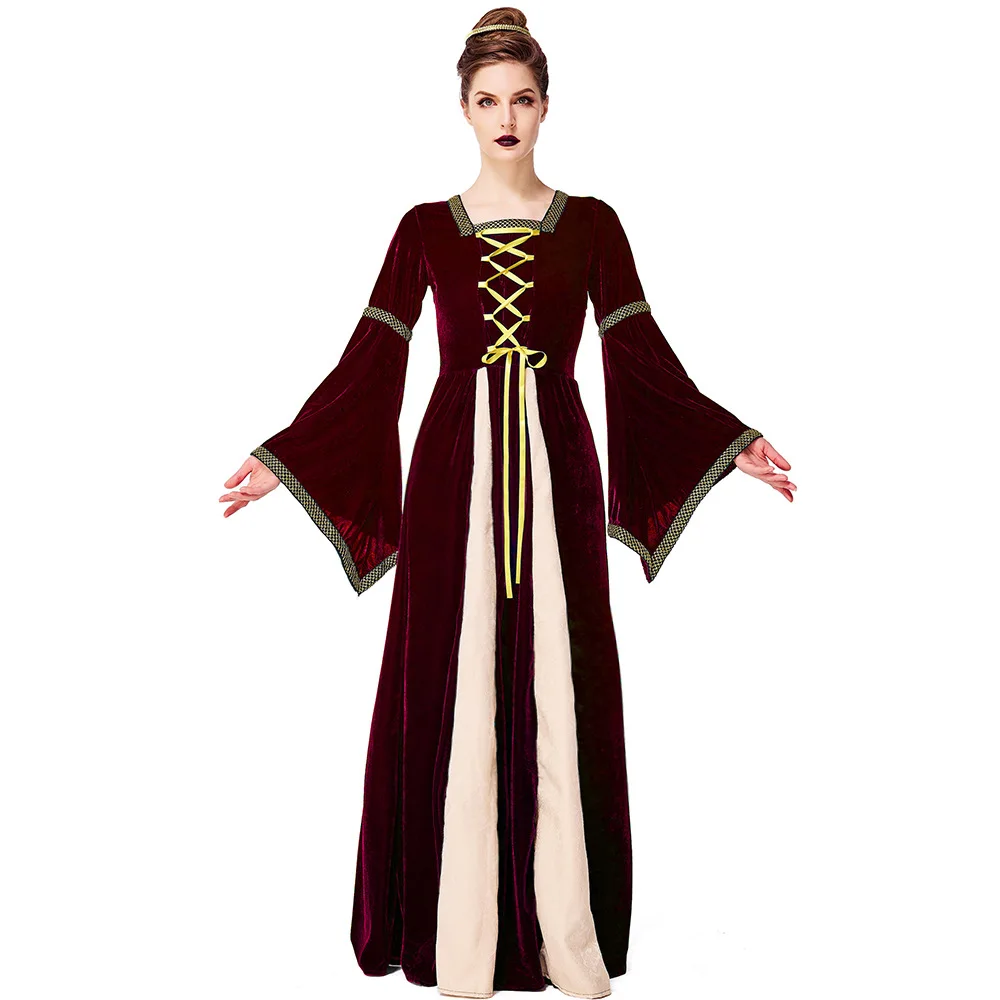 Women Cosplay Costumes Vintage Victorian Court Dress Queen Princess Green Red Velvet Medieval Gown Carnival Halloween Costume view 6