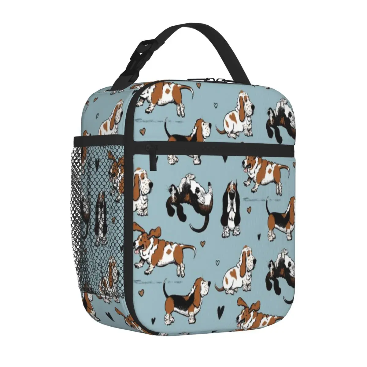 Bestselling Basset Buddies On Blue Neutral Tone Reusable Lunch Bag Pet Snack Carry Insulated Food Bag