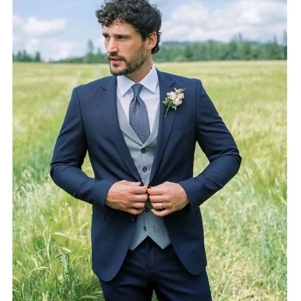 Luxury Navy Blue Wedding Suits for Men 3 Pieces Jacket Pants Gray Vest Blazers Sets Slim Fit Business Banquet Costume Homme