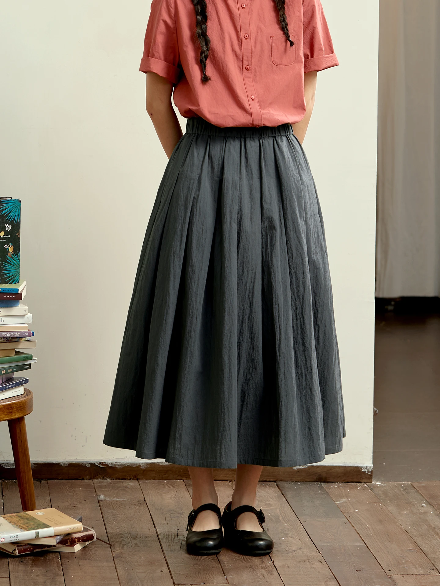 

Серая повседневная юбка А-силуэта с эластичным поясом, женская летняя универсальная свободная плиссированная юбка с высокой талией из нейлона и хлопка