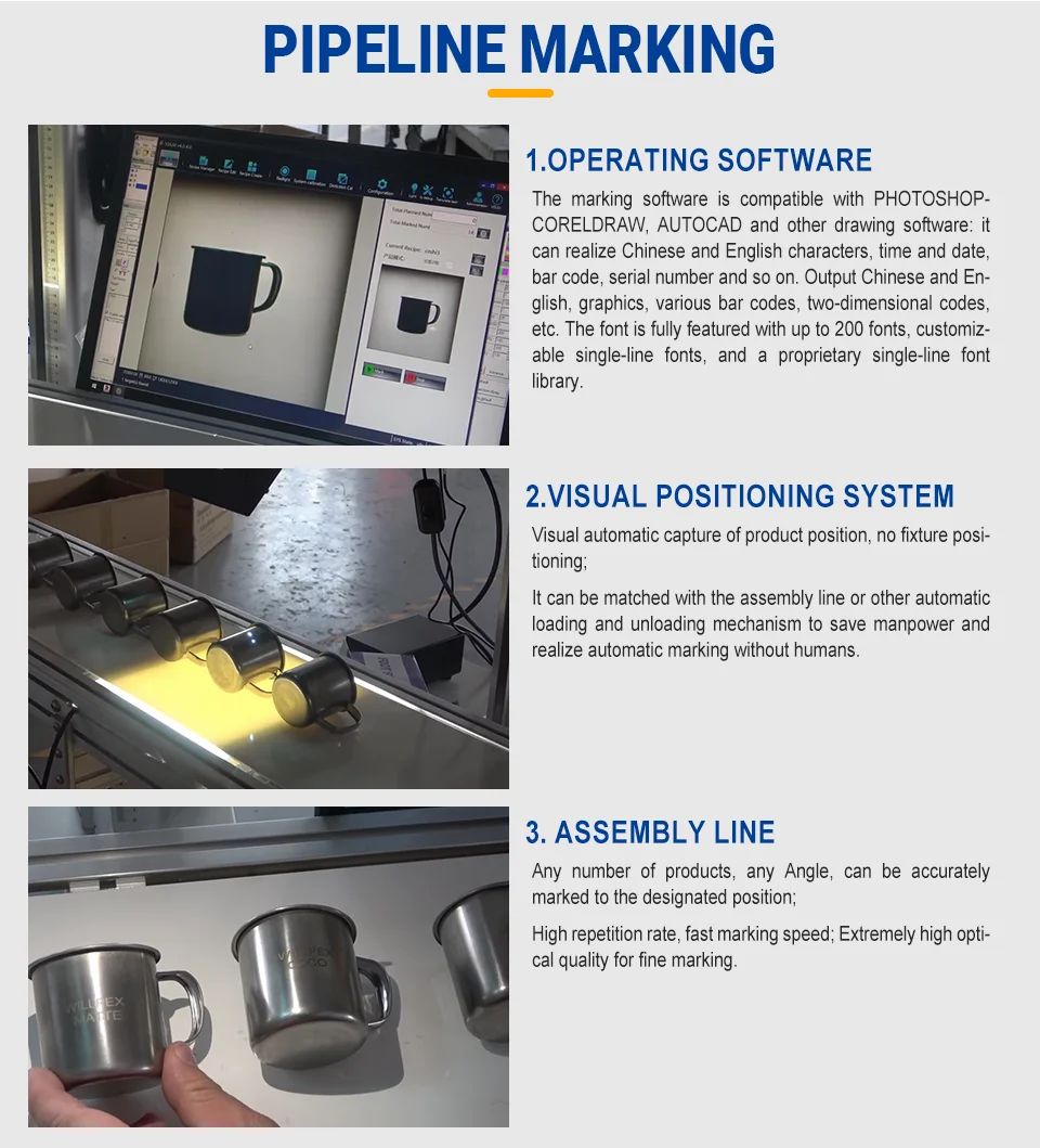 Automated Fiber Laser Marking Cell for High-Volume QR Coding, Date Stamping on Metal Parts, Electronic Housings, Nameplates