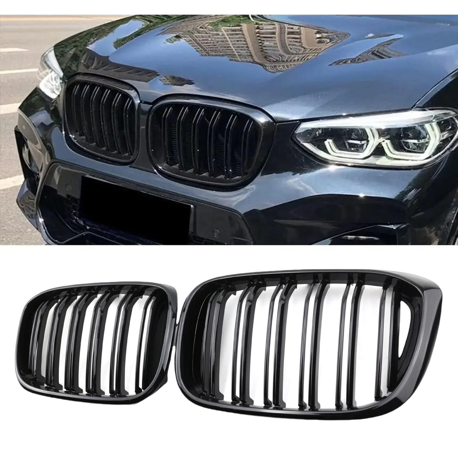 

Pair Double Slat Car Front Grill Grilles Kidney Grill For BMW X3 G01 G08 X4 G02 2018 2019 2020 2021 Racing Grilles Car Styling