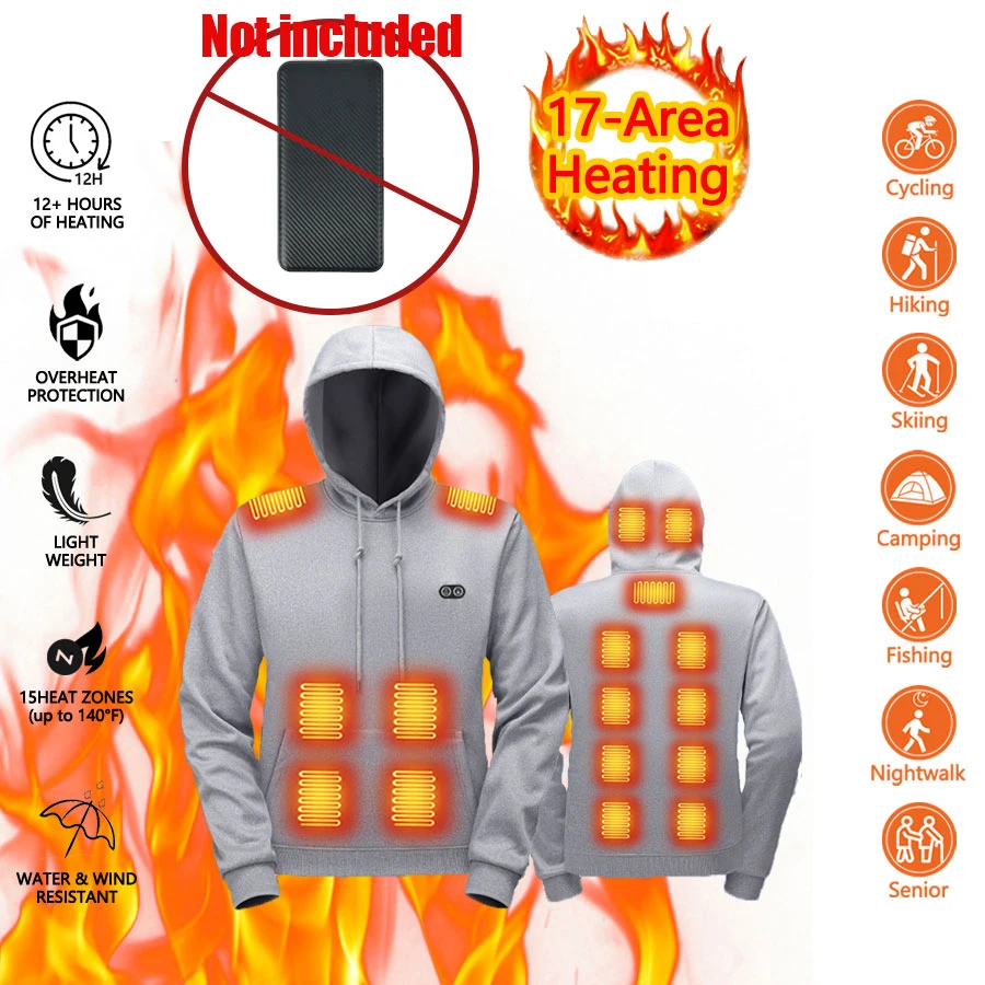 

17 Zone Heating Hoodie Sweatshirt Winter Thermal Heat Outdoor Clothing Ski Hiking Warm Sweatshirt (Not Included The Power Bank)