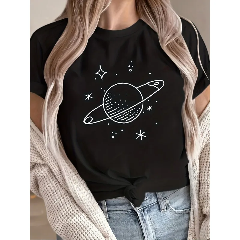 Planet Simple Printed T-shirt Short Sleeve Round Neck Casual Women's Top Cotton Breathable Fashion Women's Y2K Trendy T-shirt