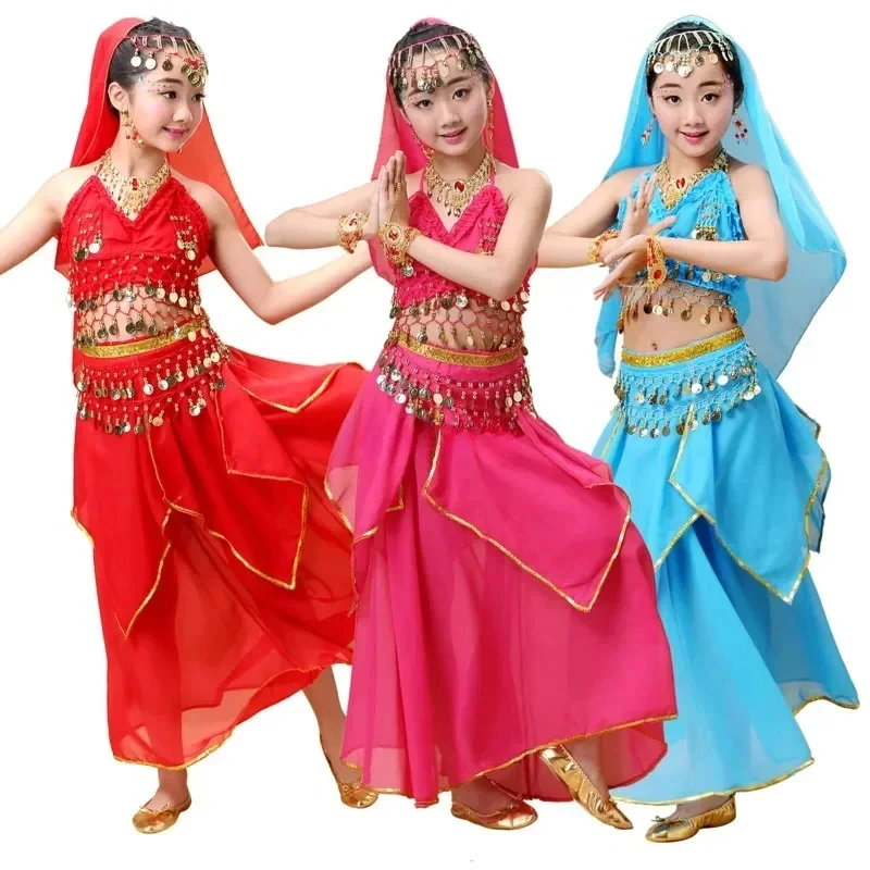 

20256pcs Kids India Princess Belly Dance Set Oriental Indian Dance Sari Girl Performance Costume Bollywood Children Stage Outfi