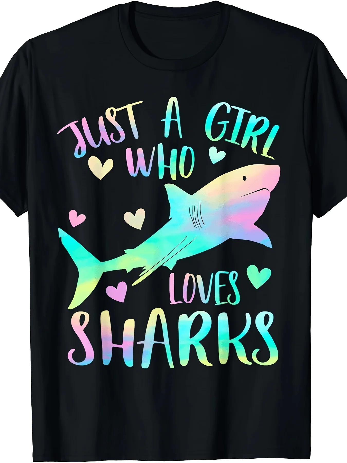 Cute T Shirt - Short Sleeve Slim Fit Casual Graphic Tee Featuring Playful Iridescent Shark Graphic with 'JUST A WHO LOVES SHARKS' Text In Colorful Pastel Rainbow Hue Adorned, Soft Touch Comfortable Crew Neck T-shirt