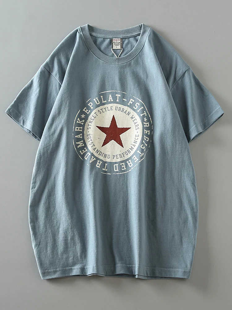 Summer New American Retro Short-sleeved O-neck Five-pointed Star Printed T-shirt Men's Fashion 100% Cotton Casual Sport Tops