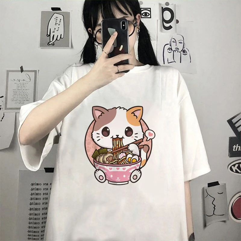 

Harajuku Cat Cartoon Eating Noodles Graphic Men Women Tshirts Casual Short Sleeve Tees Japan Style Oversized T Shirt Clothing