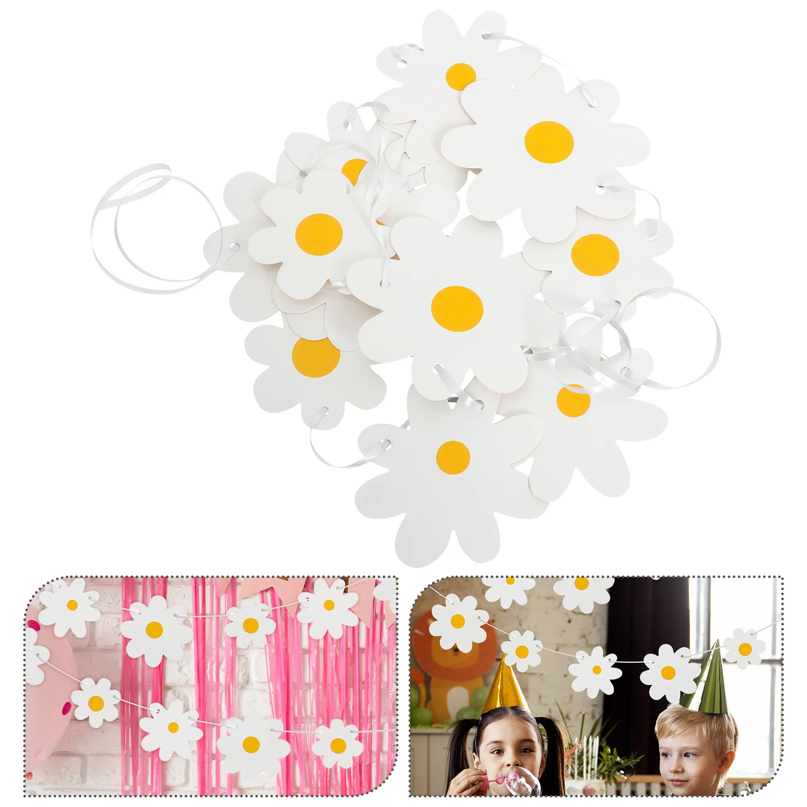 

4Pcs Daisy Banner Birthday Party Decorations Boho Floral Garland Hanging Swirls Cute Paper Flowers for Girl Nursery Hippie Theme