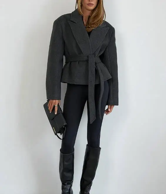 

Women's Autumn and Winter Fashion Short Suit Jacket High-End and Versatile Age Reducing Lace Up Waist Cinching Woolen Suit