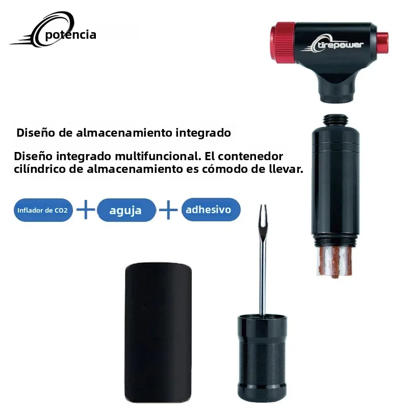Imagen 7: Bomba de bicicleta CO2 de aleación de aluminio con Kit de reparación de neumáticos sin cámara, válvula Schrader y Presta, inflador de neumáticos de bicicleta CO2 para bicicleta de carretera MTB