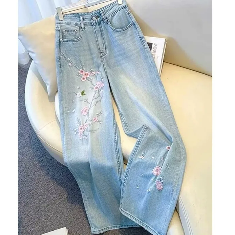 

New Pink Flower Embroidered Jeans Women Spring Autumn High Waist Fashion Slim Wide-Leg Pants Embroidered Straight Pant