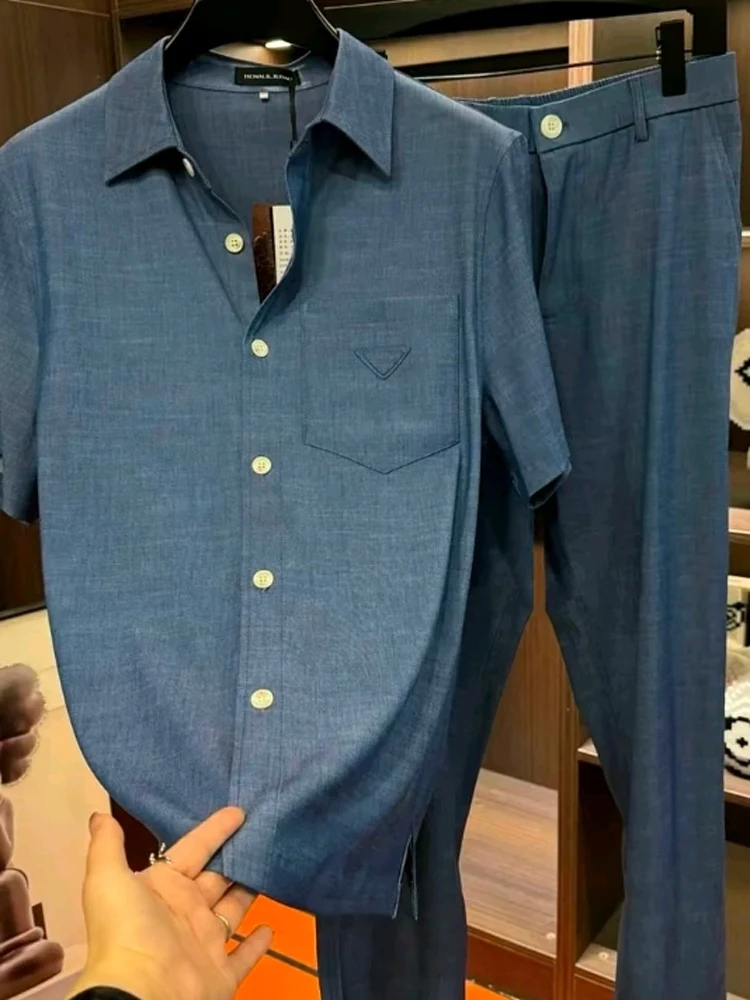 

Летний мужской повседневный комплект свободного кроя с коротким рукавом, однотонный, универсальный, удобный, высококачественный, молодежный модный ансамбль