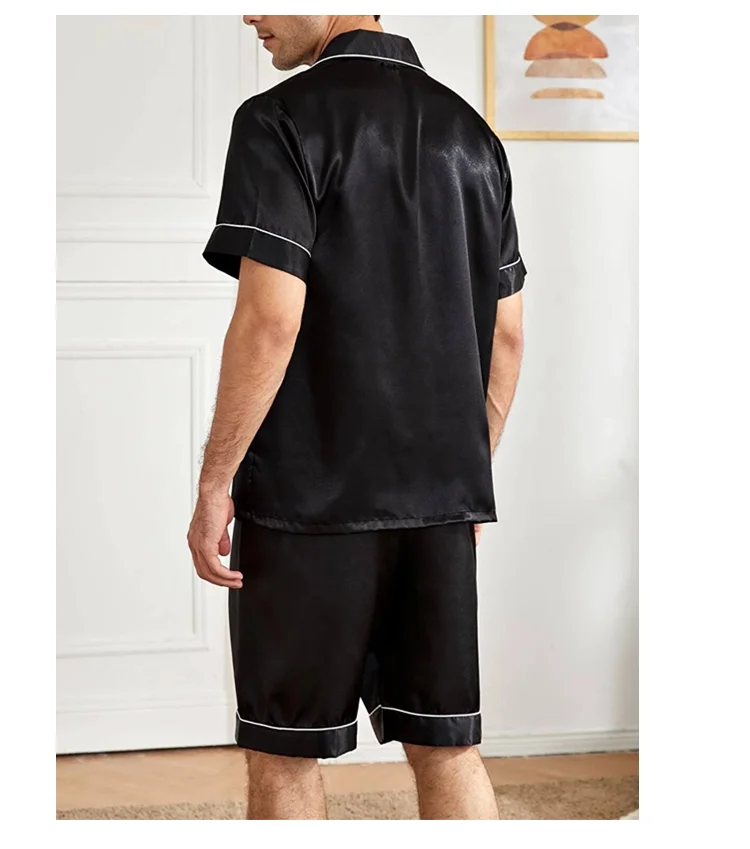 Herren-Pyjama-Set aus Satin, kurzärmelig, Sommer-Nachtwäsche für Herren, Button-Down-Hemd und Shorts mit elastischer Taille, Pyjama, Heimkleidung, 2-teilig – Detail 16