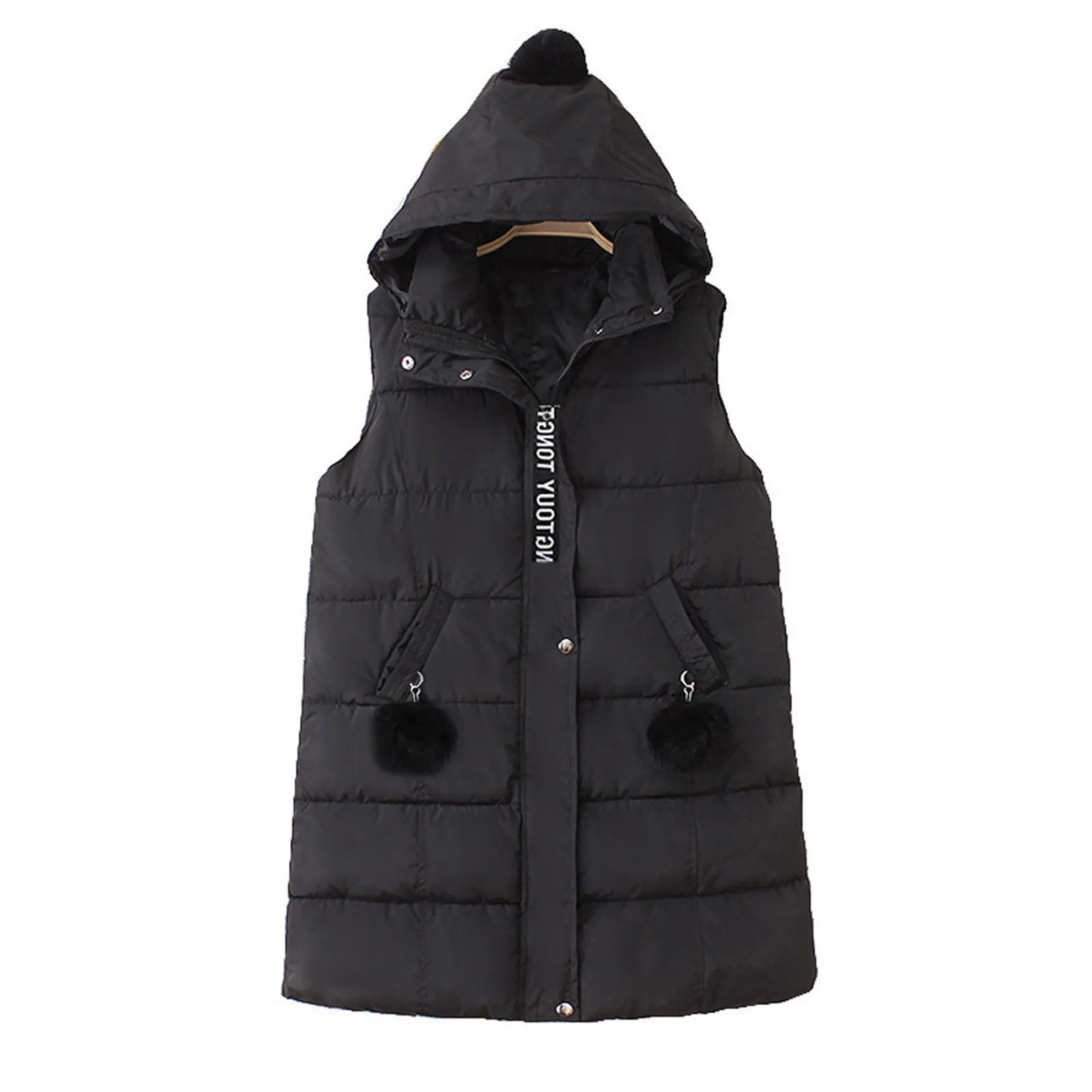 Autumn Winter Women Hooded Long Parkas Vest Solid Color Fashion Warm Black Hooded Down Coat Parka Ladies Sleeveless Waistcoats