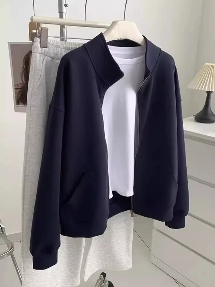 

Женская свободная толстовка-кардиган на молнии в корейском стиле, с воротником-стойкой, больших размеров (до 300 фунтов)